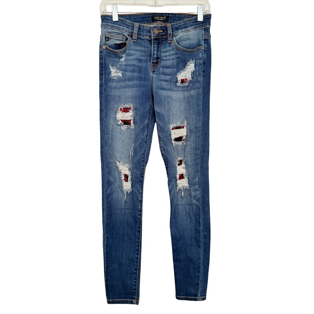 Judy Blue Skinny Plaid Buffalo Distressed Blue Jeans